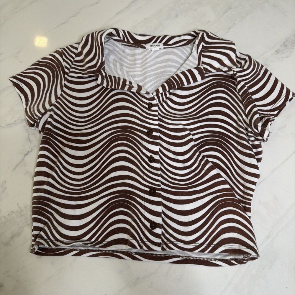 Garage Crop Top XS Wavy Collar Stripe Button-Down 70s-Retro Y2K  Festival Boho